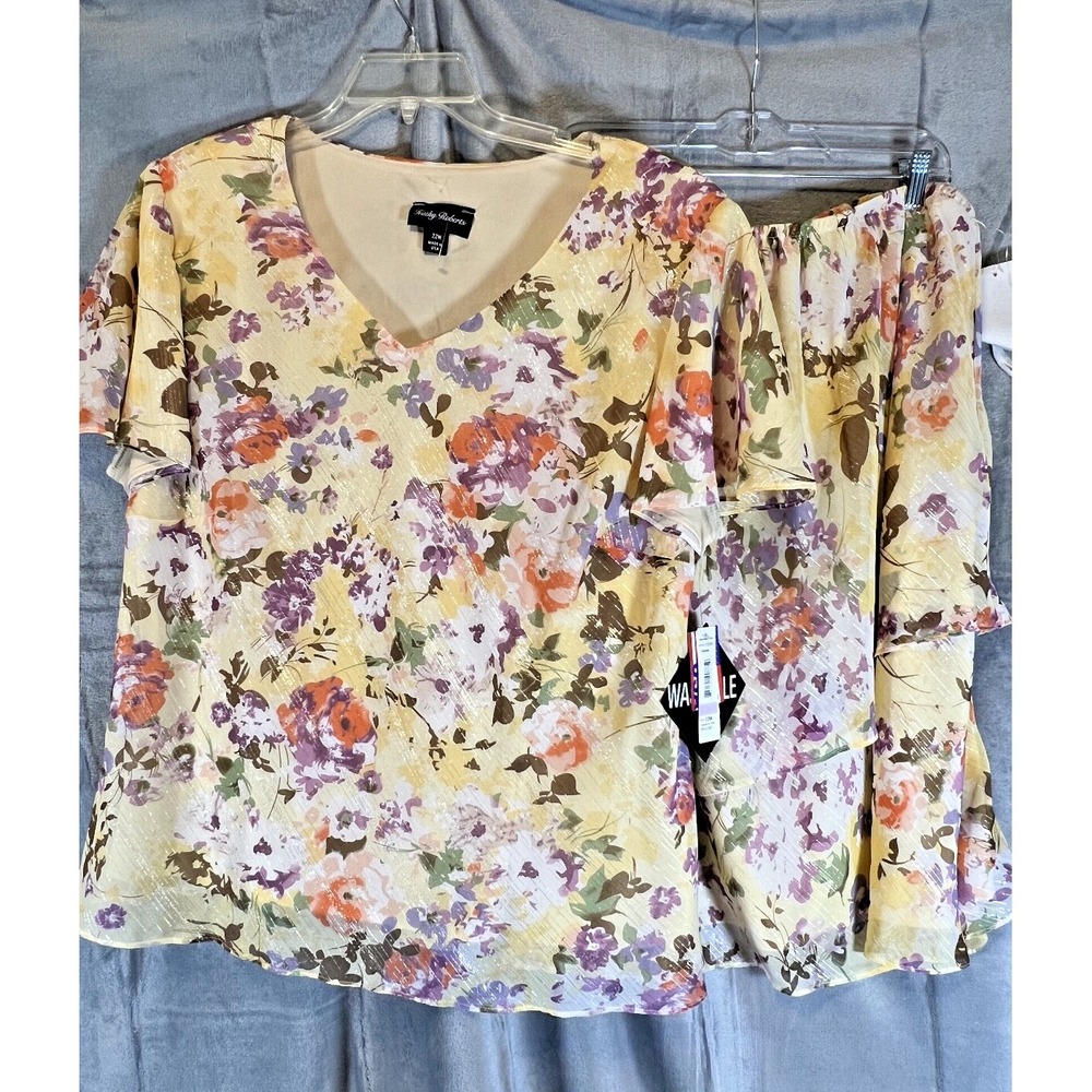Kathy Roberts sz 22 2pc Skirt‎ Blouse Set Floral Made USA Church Yellow Pastel